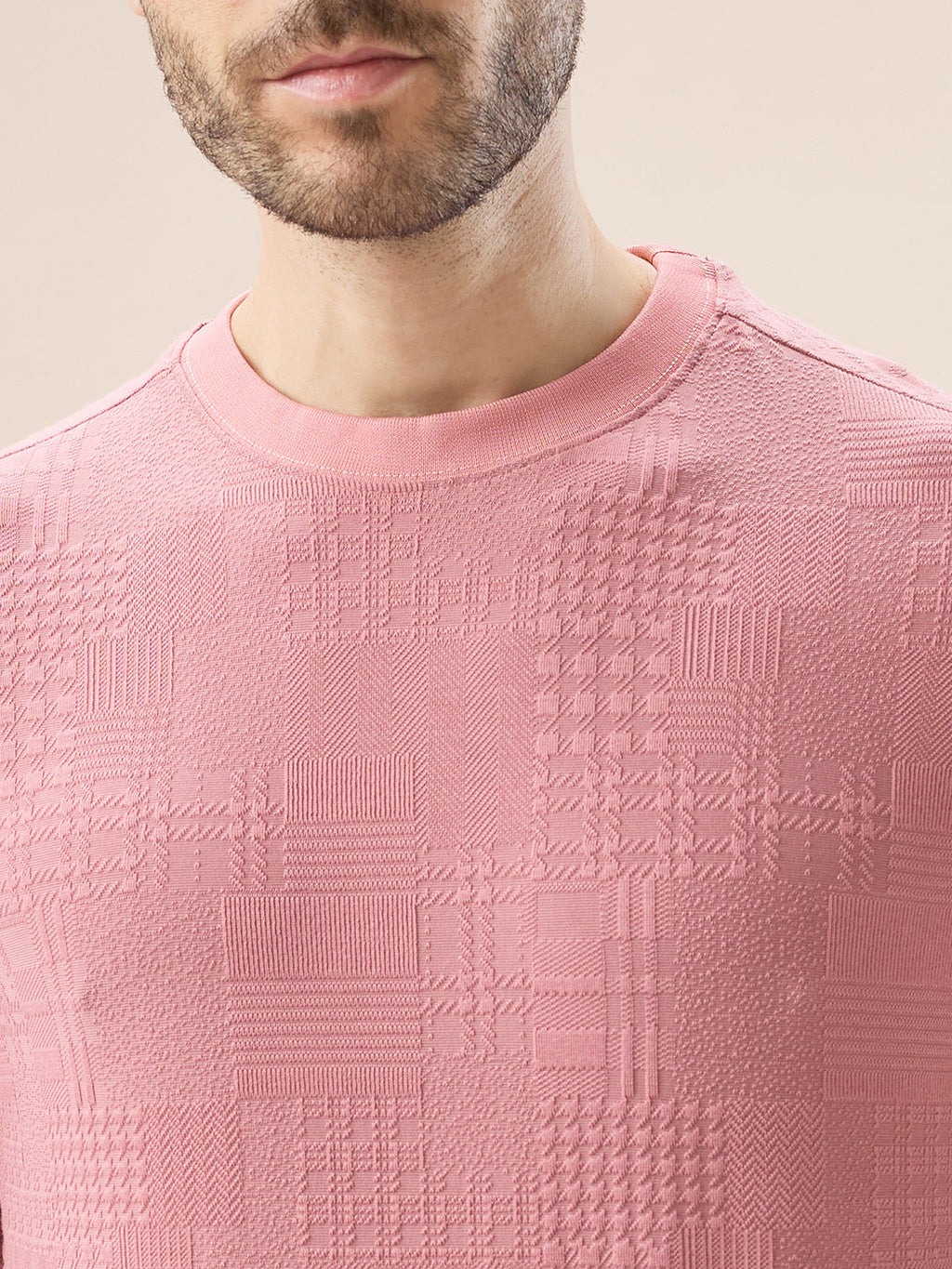 Men's Geometric Textured Round Neck Full Sleeve Regular Fit T-Shirt