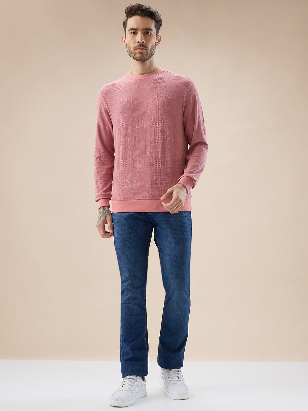 Men's Geometric Textured Round Neck Full Sleeve Regular Fit T-Shirt