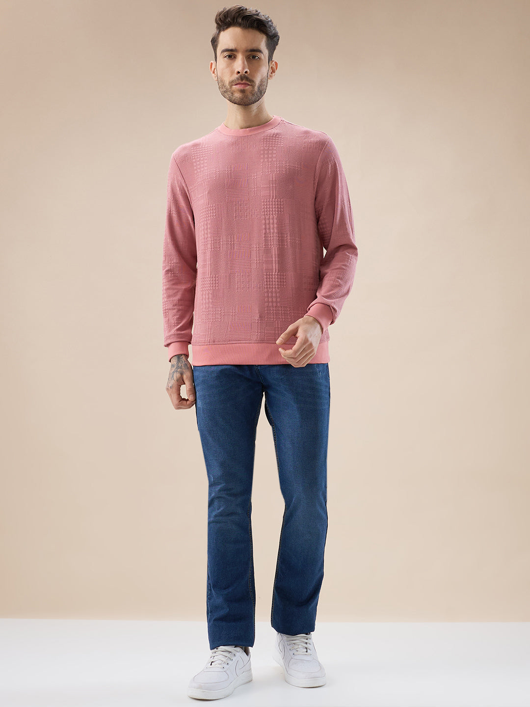 Men's Geometric Textured Round Neck Full Sleeve Regular Fit T-Shirt