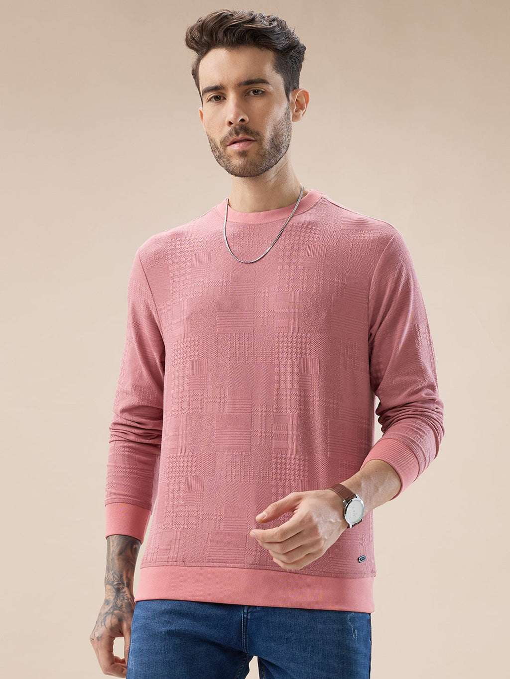 Men's Geometric Textured Round Neck Full Sleeve Regular Fit T-Shirt