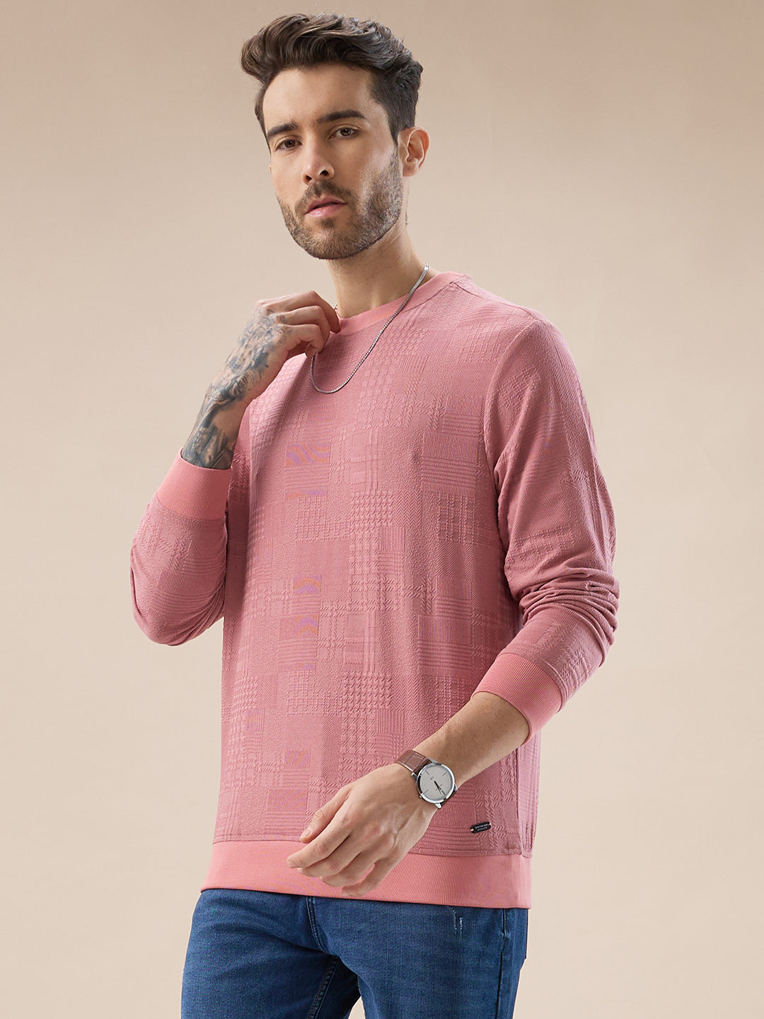 Men's Geometric Textured Round Neck Full Sleeve Regular Fit T-Shirt