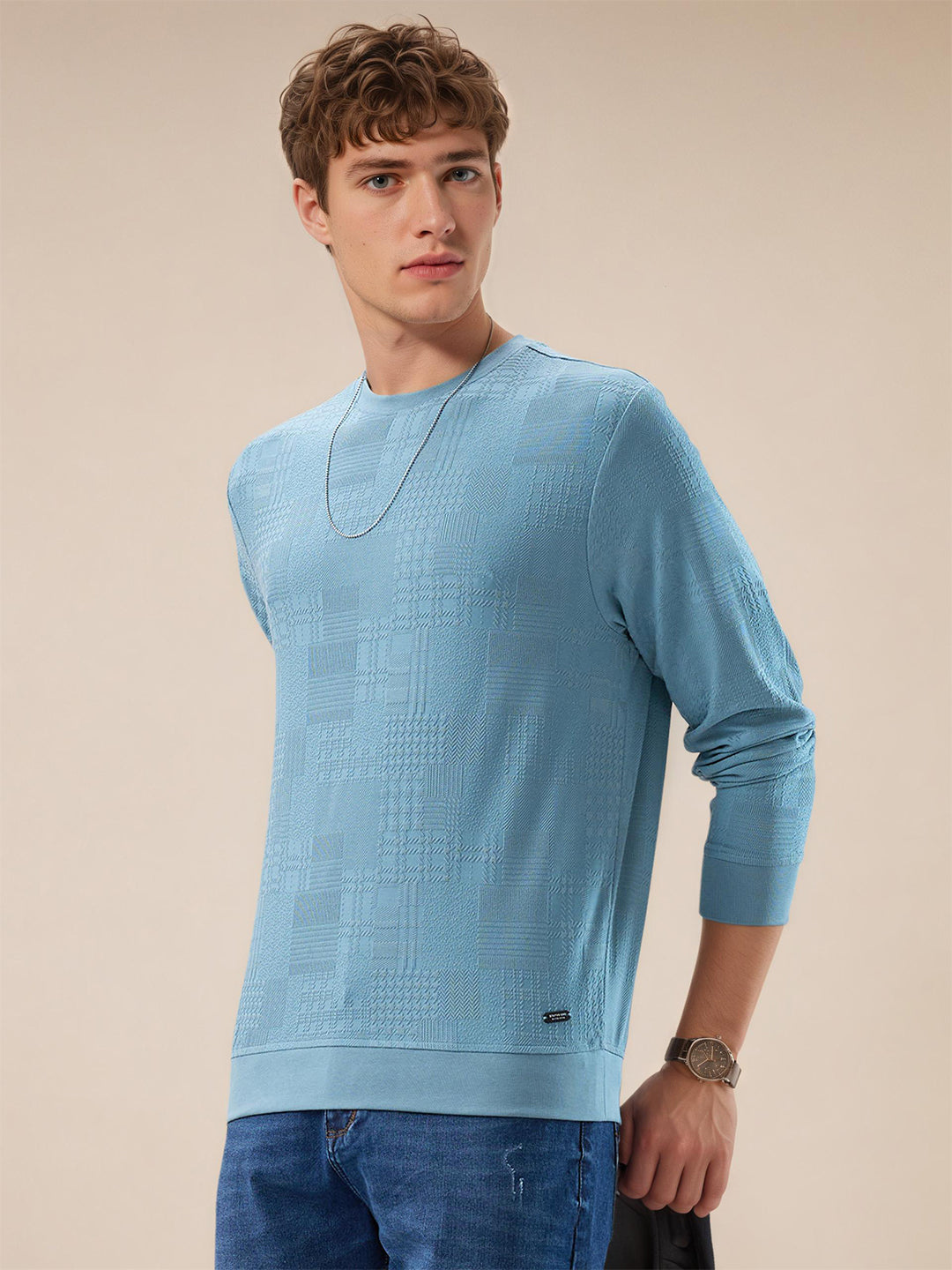Mens Geometric Textured Round Neck Full Sleeve Regular Fit T-Shirt