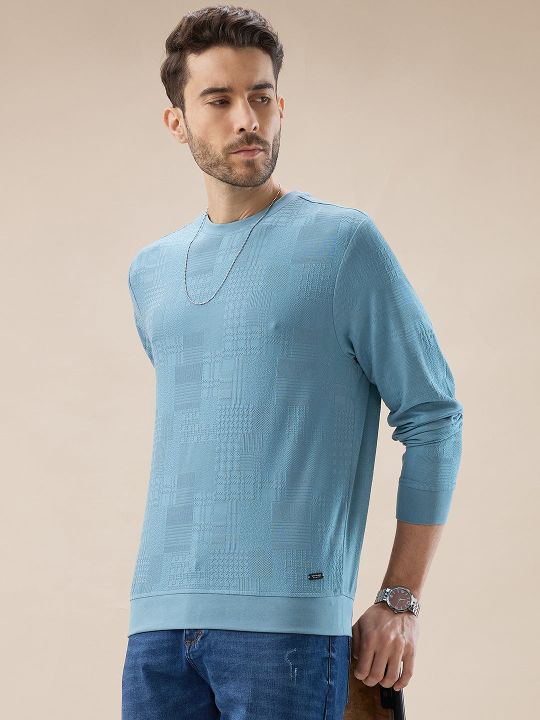Mens Geometric Textured Round Neck Full Sleeve Regular Fit T-Shirt