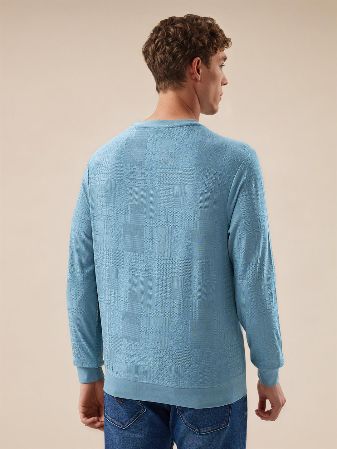 Mens Geometric Textured Round Neck Full Sleeve Regular Fit T-Shirt
