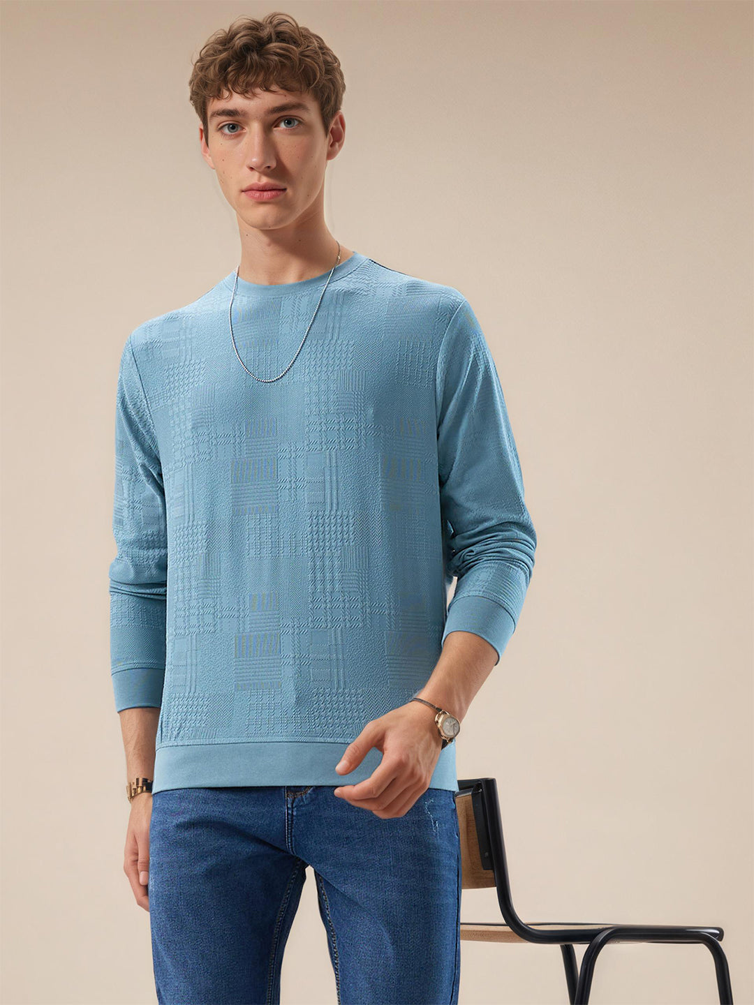 Mens Geometric Textured Round Neck Full Sleeve Regular Fit T-Shirt