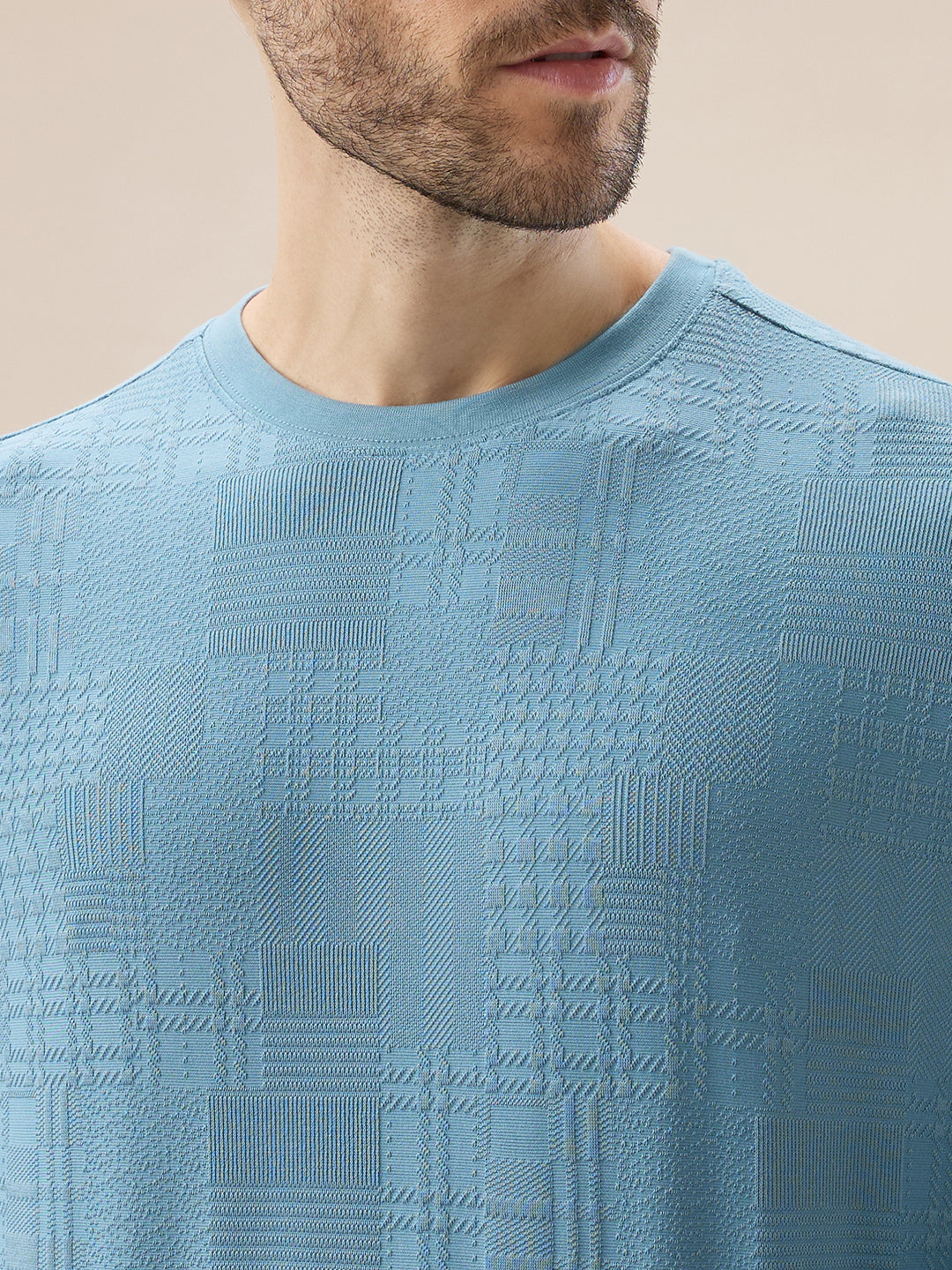 Mens Geometric Textured Round Neck Full Sleeve Regular Fit T-Shirt