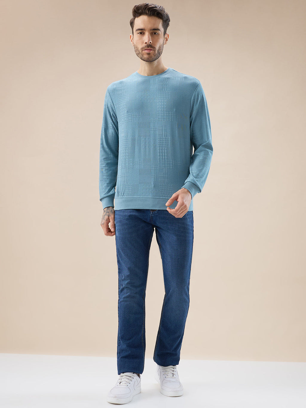 Mens Geometric Textured Round Neck Full Sleeve Regular Fit T-Shirt