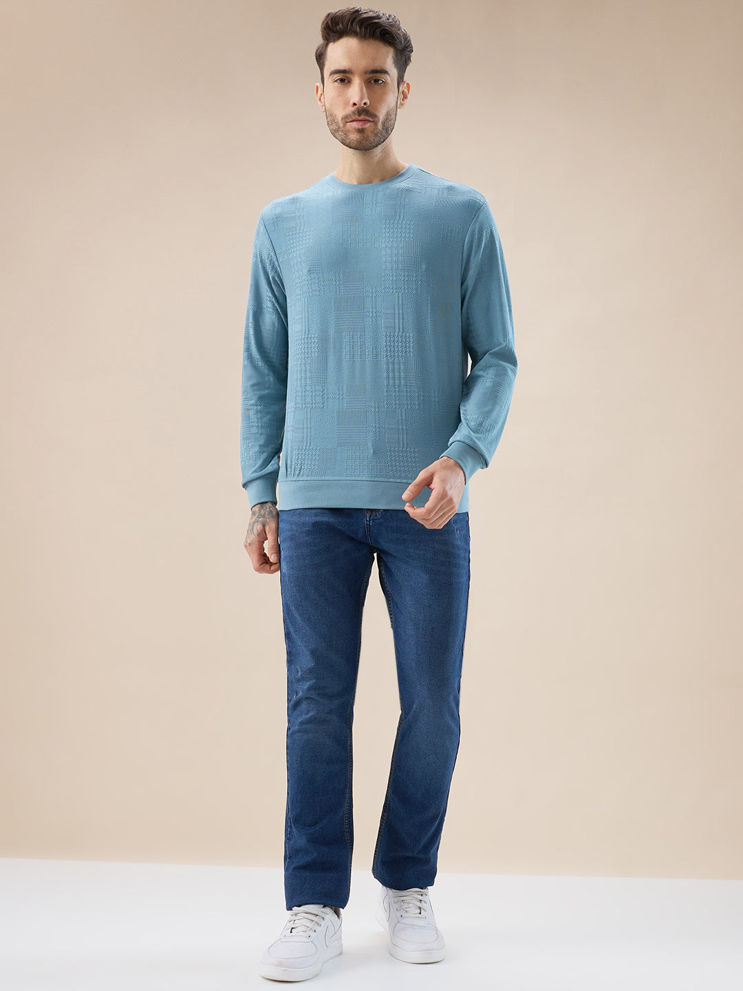 Mens Geometric Textured Round Neck Full Sleeve Regular Fit T-Shirt