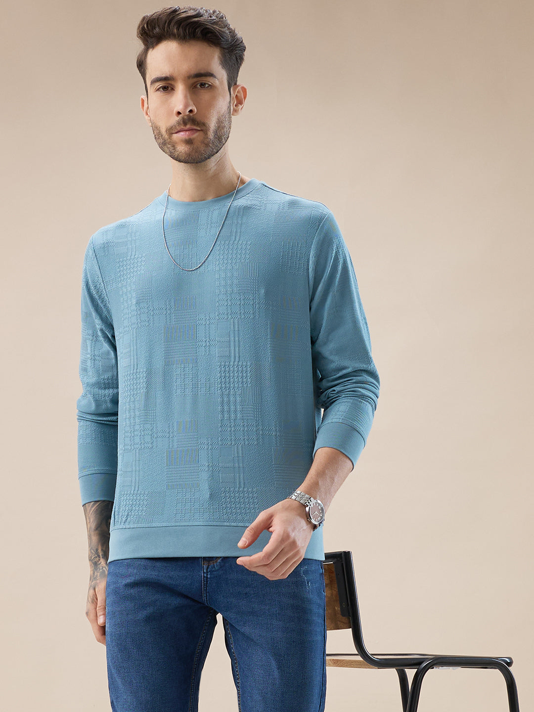Mens Geometric Textured Round Neck Full Sleeve Regular Fit T-Shirt
