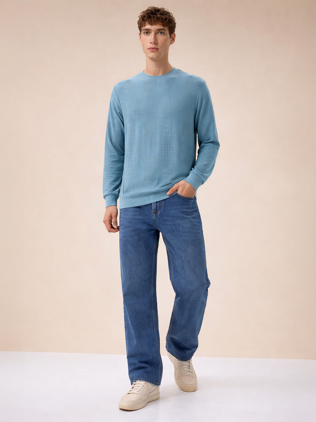Mens Geometric Textured Round Neck Full Sleeve Regular Fit T-Shirt