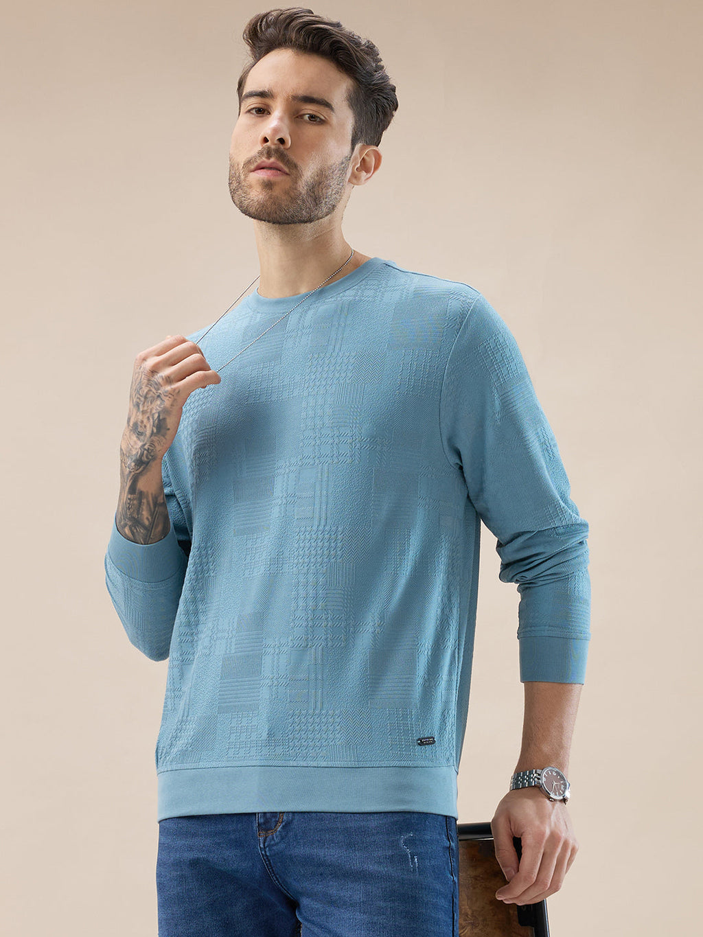 Mens Geometric Textured Round Neck Full Sleeve Regular Fit T-Shirt