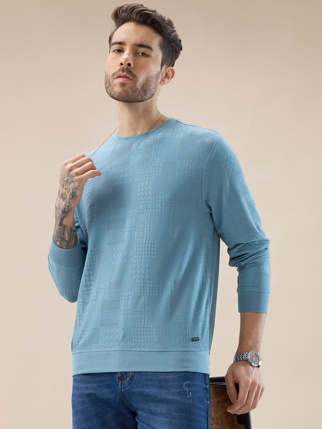 Mens Geometric Textured Round Neck Full Sleeve Regular Fit T-Shirt