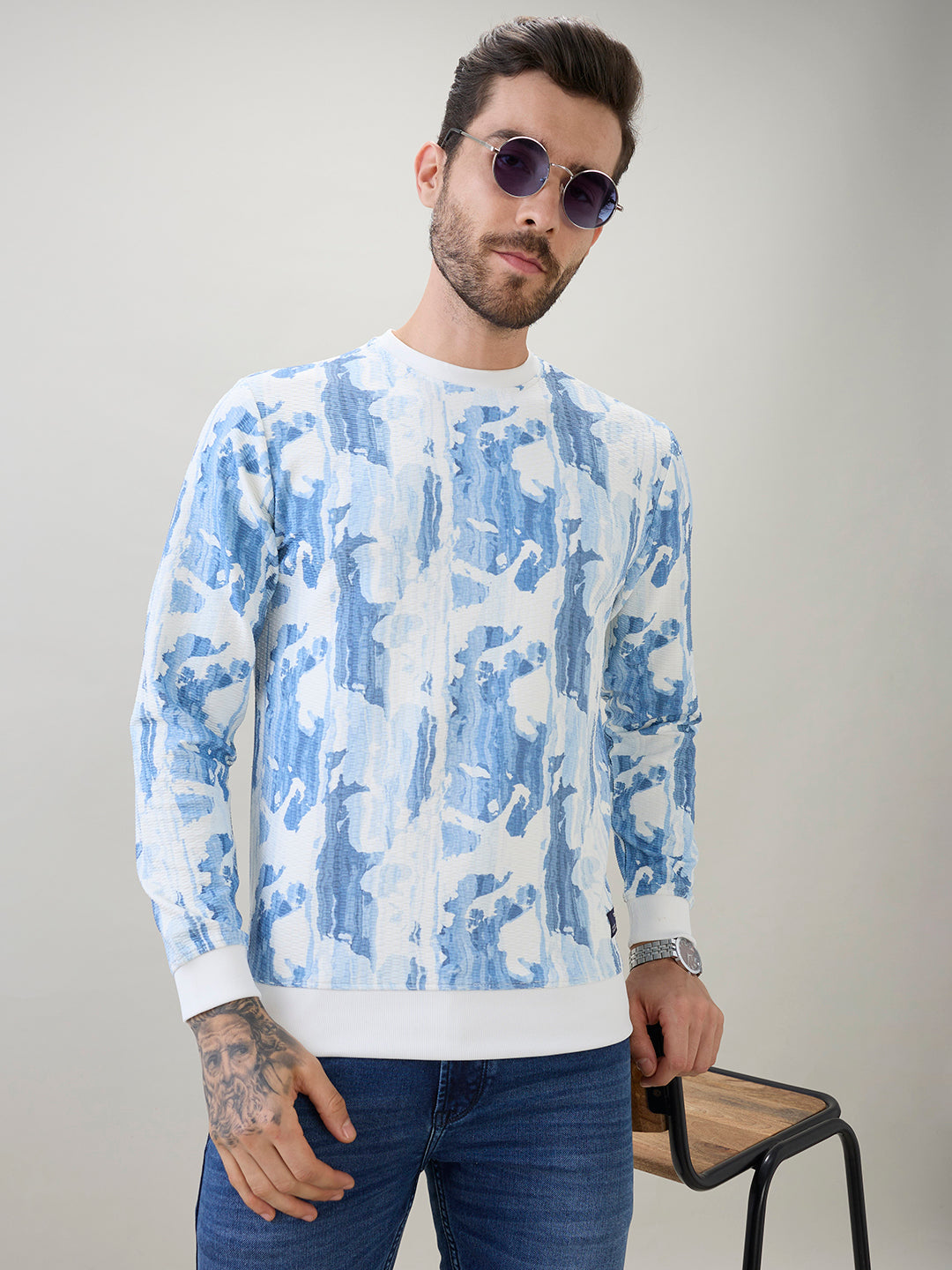 Men's Abstract Printed Round Neck Full Sleeve Regular Fit T-Shirt