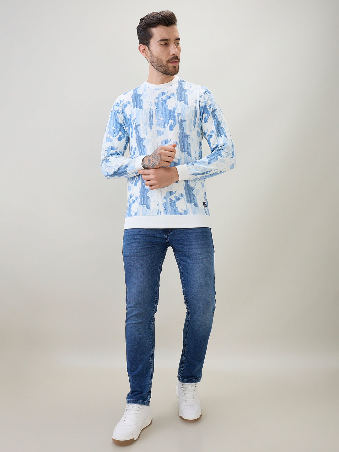 Men's Abstract Printed Round Neck Full Sleeve Regular Fit T-Shirt