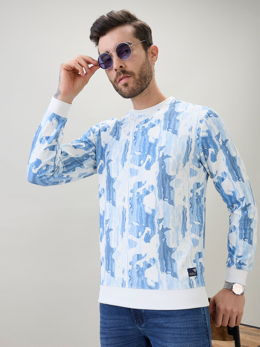 Men's Abstract Printed Round Neck Full Sleeve Regular Fit T-Shirt