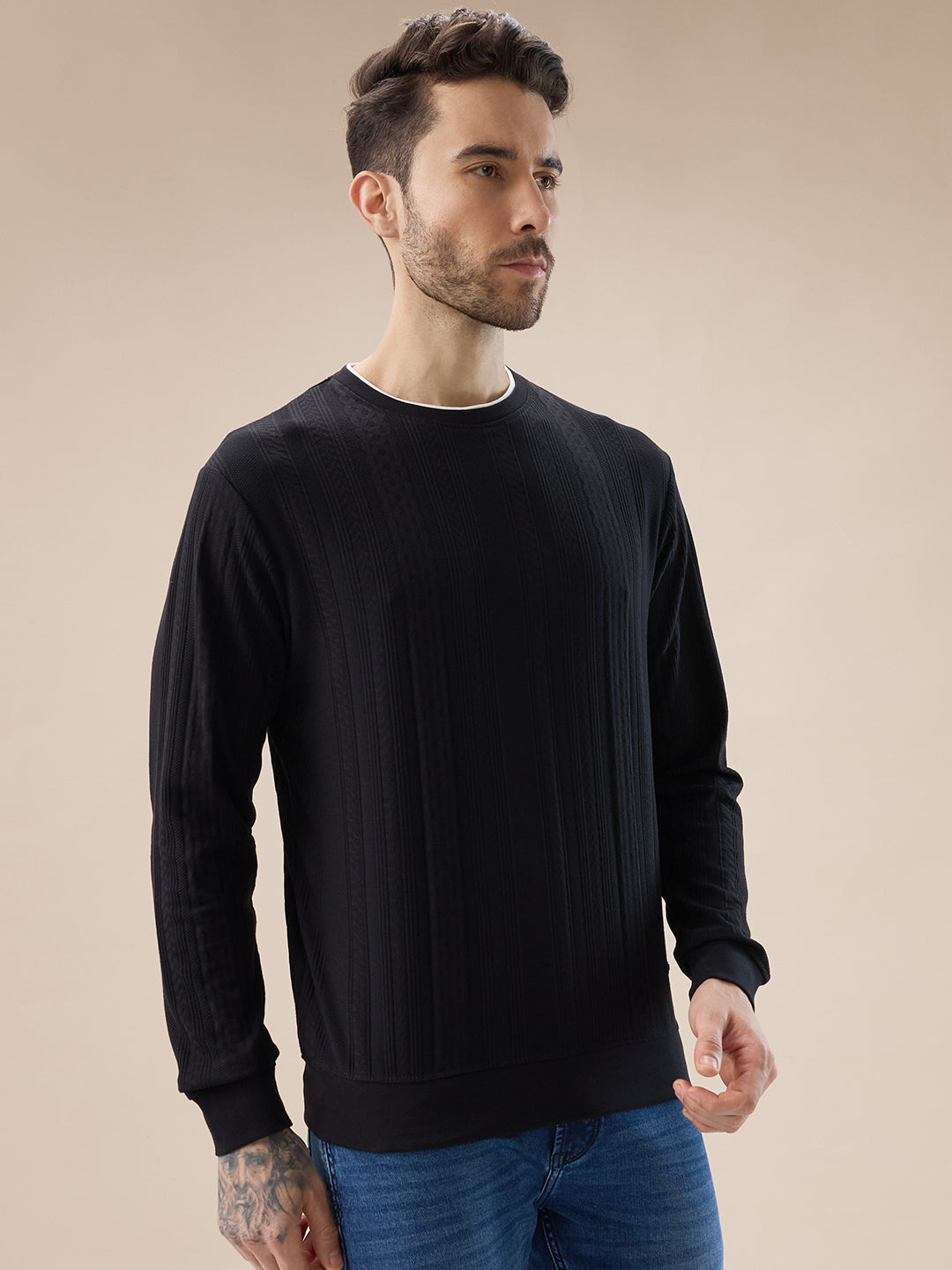 Men's Geometric Textured Round Neck Full Sleeve Regular Fit T-Shirt