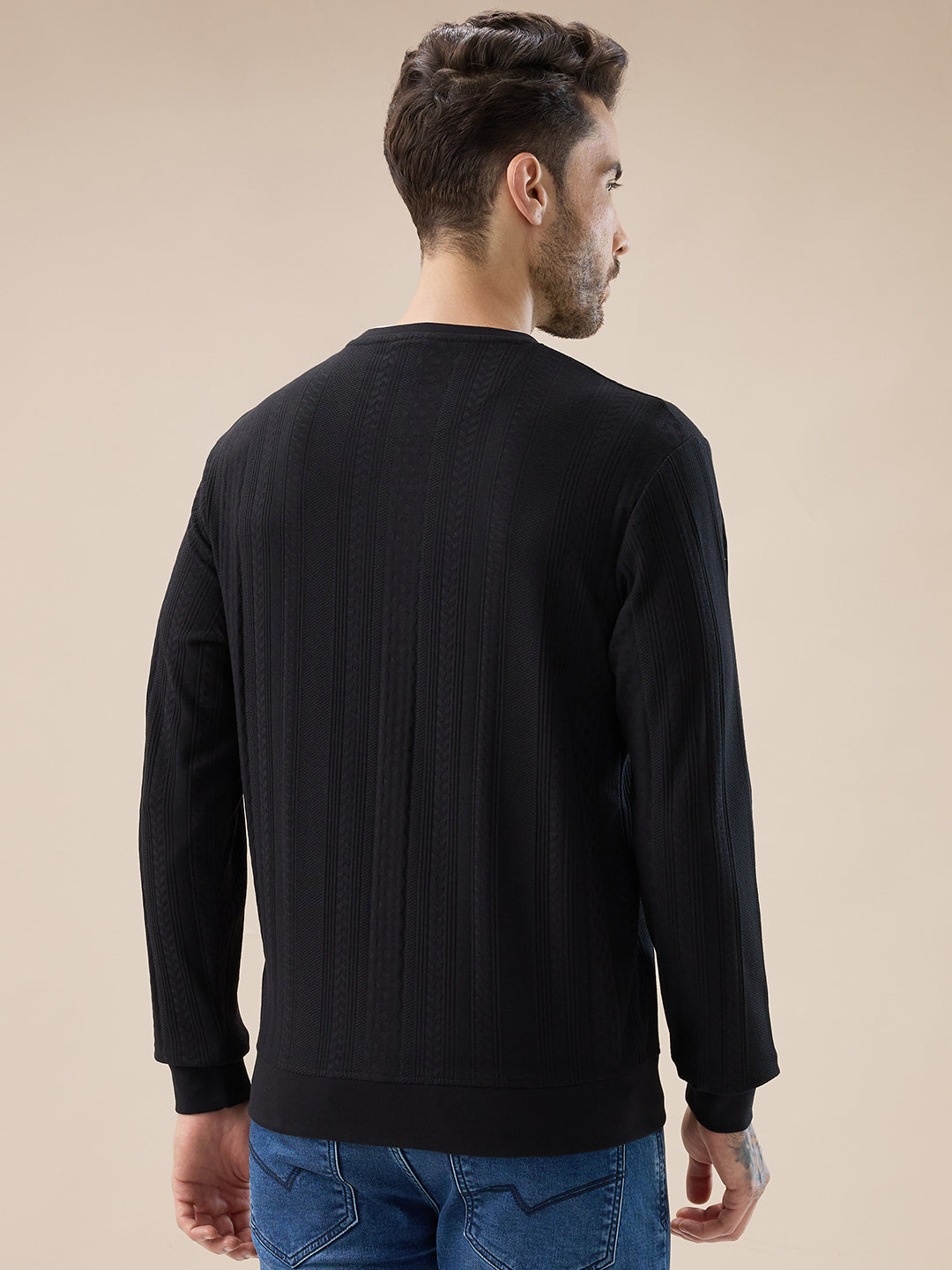 Men's Geometric Textured Round Neck Full Sleeve Regular Fit T-Shirt