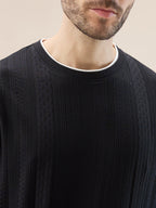 Men's Geometric Textured Round Neck Full Sleeve Regular Fit T-Shirt