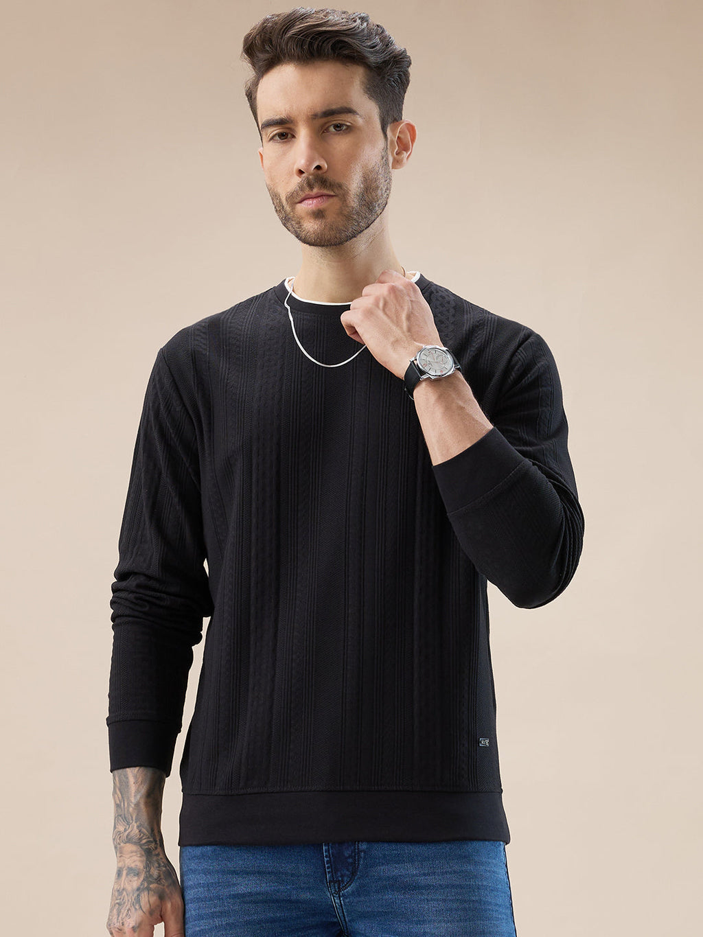 Men's Geometric Textured Round Neck Full Sleeve Regular Fit T-Shirt
