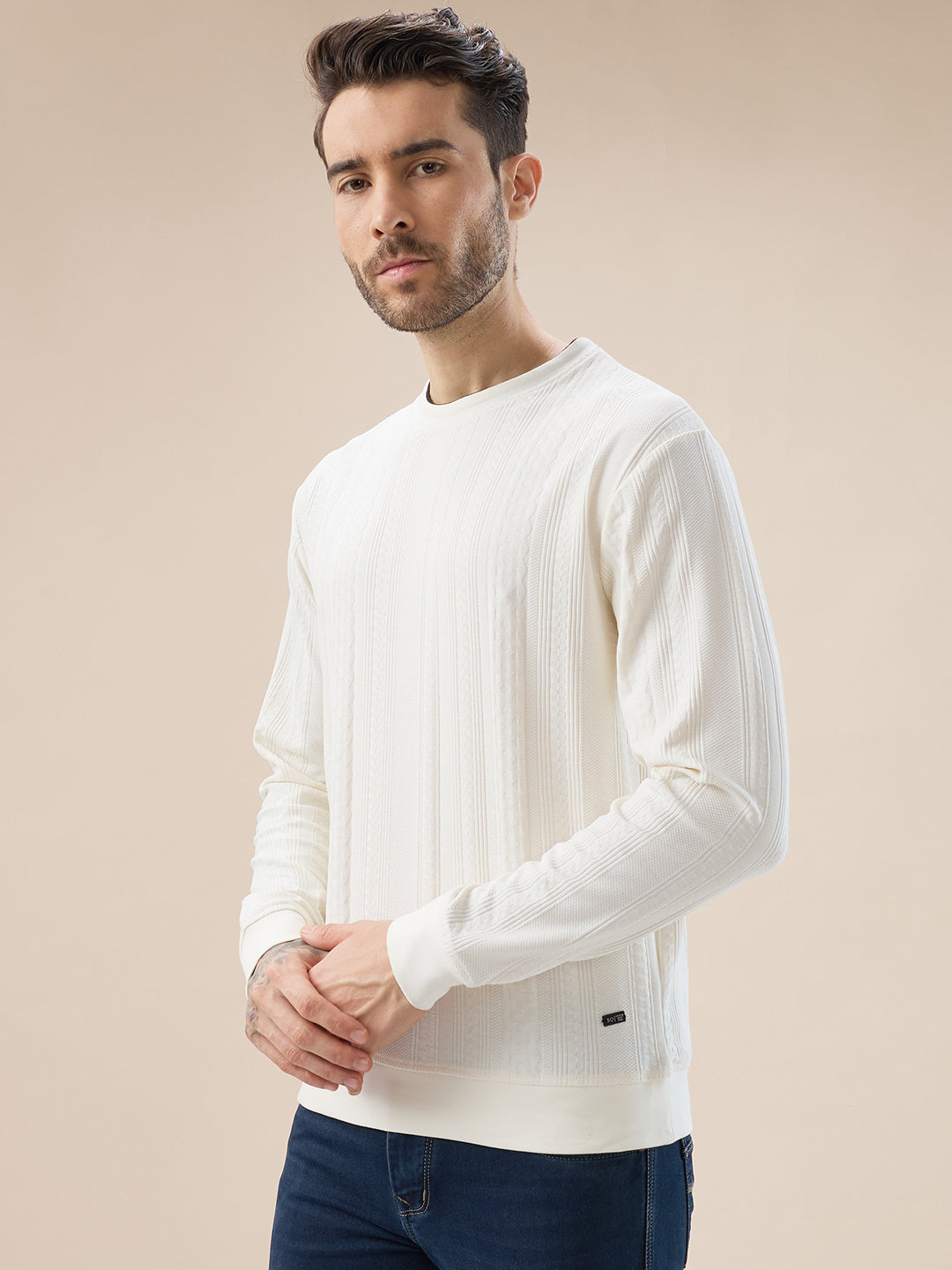 Men's Geometric Textured Round Neck Full Sleeve Regular Fit T-Shirt Secondary image