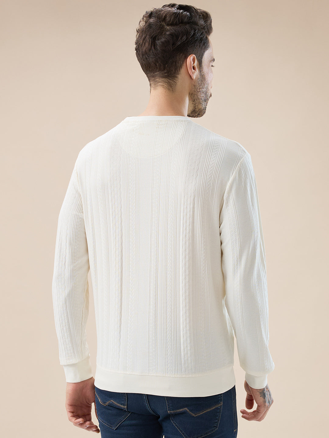 Men's Geometric Textured Round Neck Full Sleeve Regular Fit T-Shirt