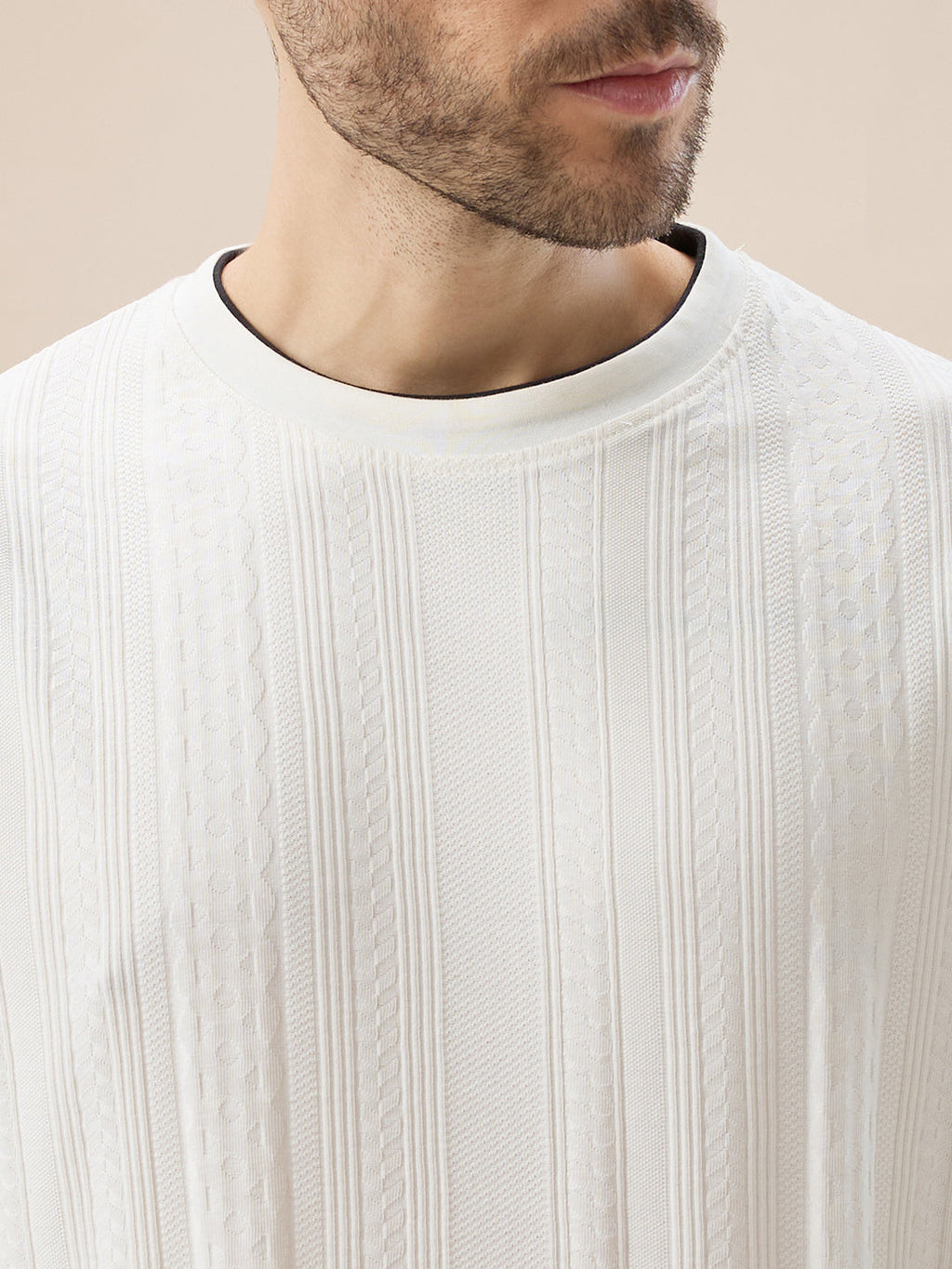 Men's Geometric Textured Round Neck Full Sleeve Regular Fit T-Shirt