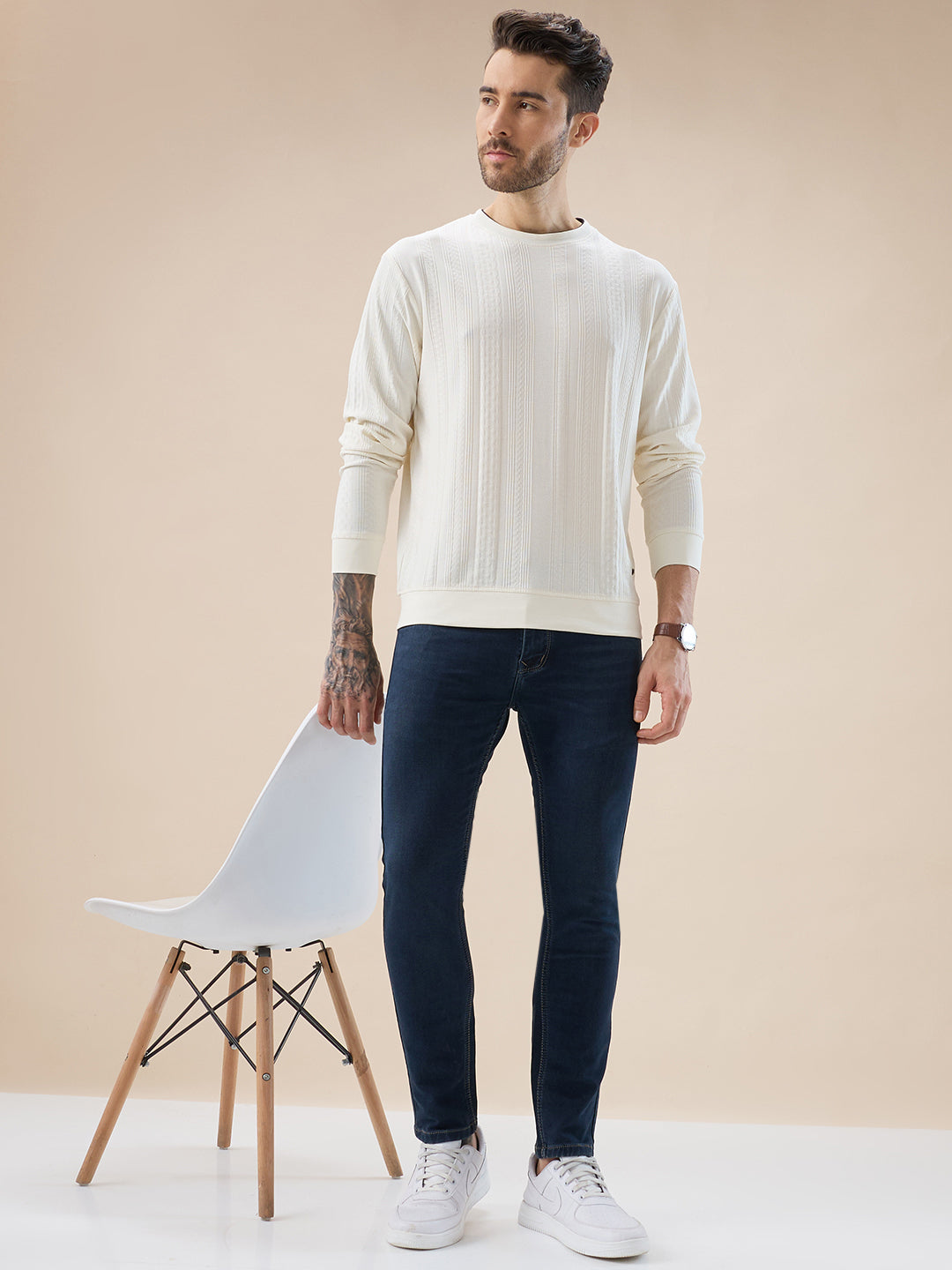 Men's Geometric Textured Round Neck Full Sleeve Regular Fit T-Shirt