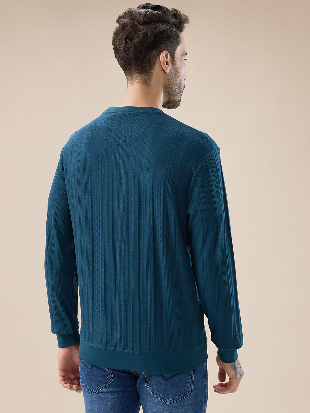 Men's Geometric Textured Round Neck Full Sleeve Regular Fit T-Shirt