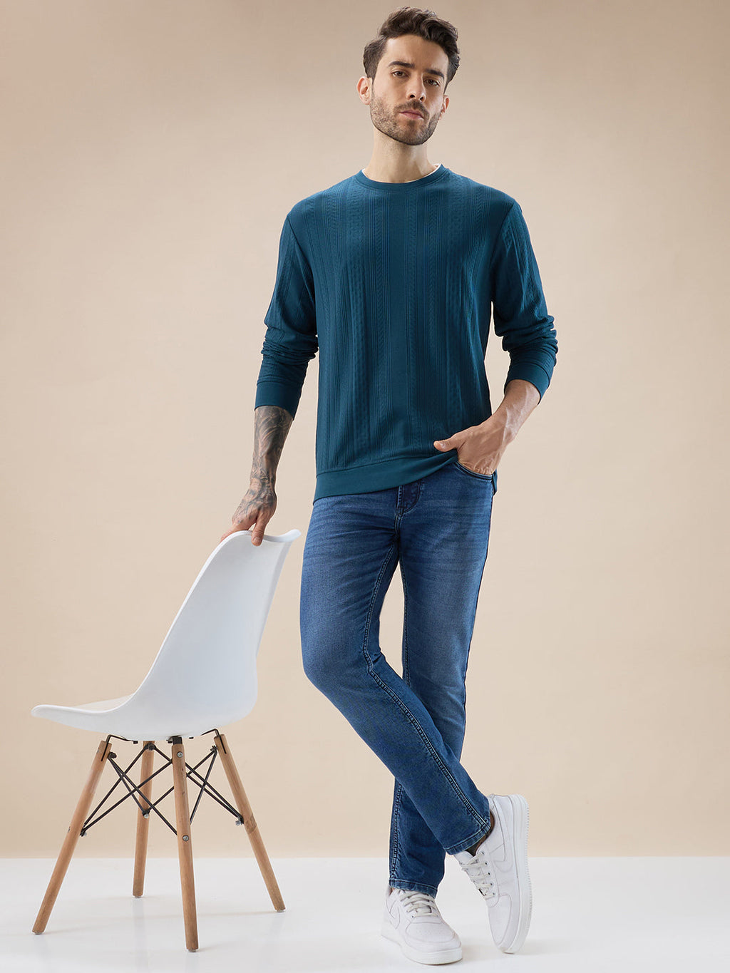 Men's Geometric Textured Round Neck Full Sleeve Regular Fit T-Shirt