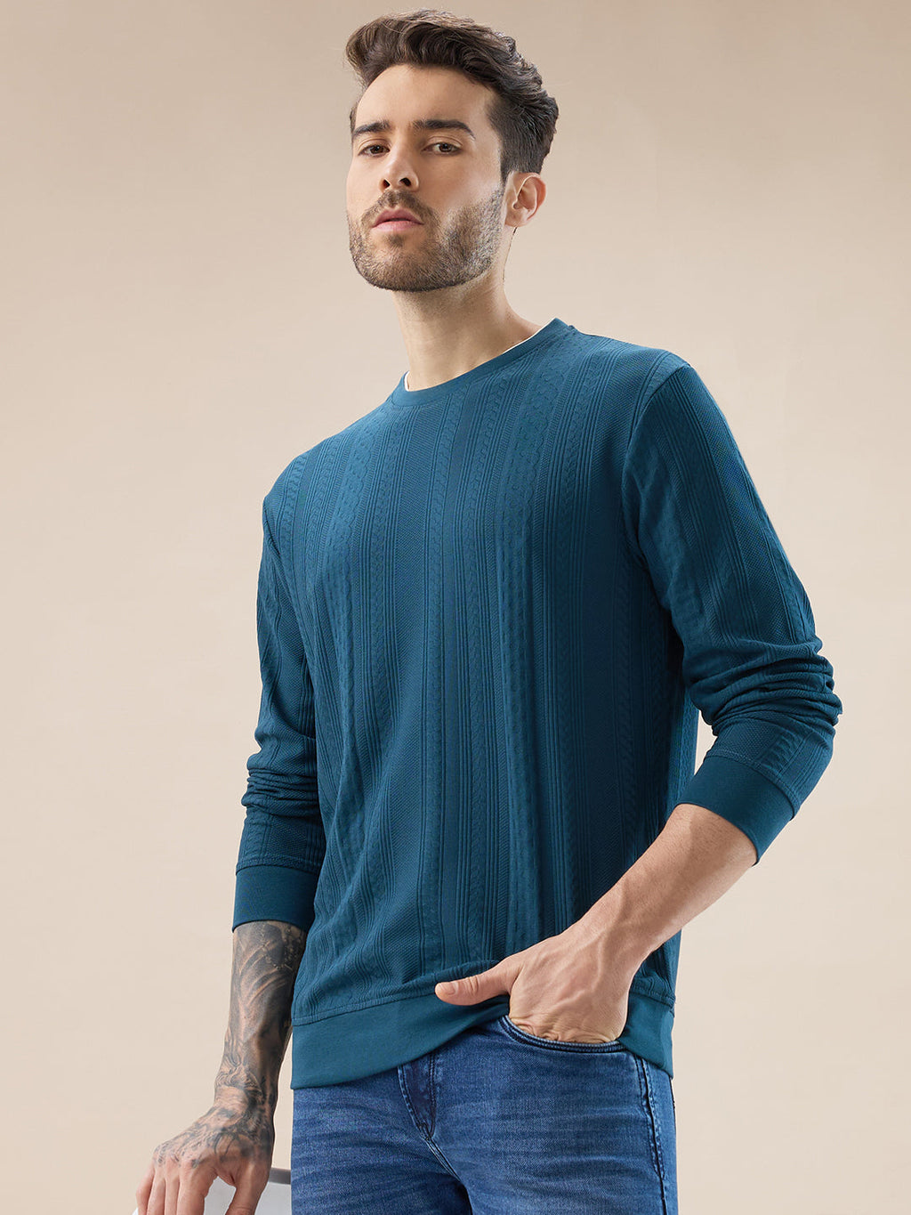 Men's Geometric Textured Round Neck Full Sleeve Regular Fit T-Shirt