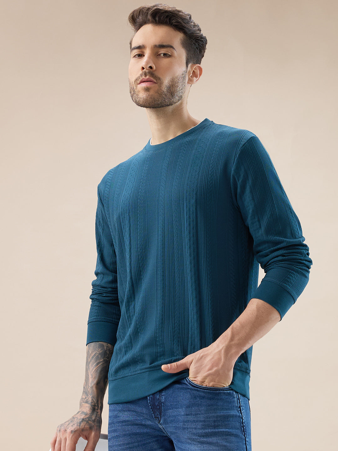 Men's Geometric Textured Round Neck Full Sleeve Regular Fit T-Shirt