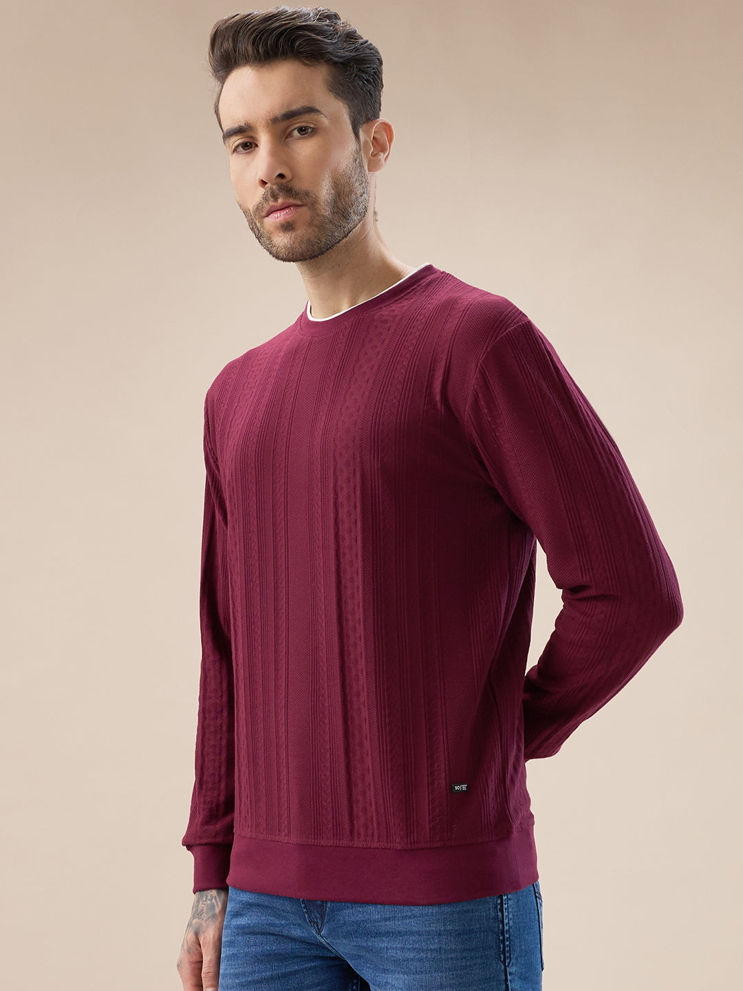 Men's Geometric Textured Round Neck Full Sleeve Regular Fit T-Shirt Secondary image