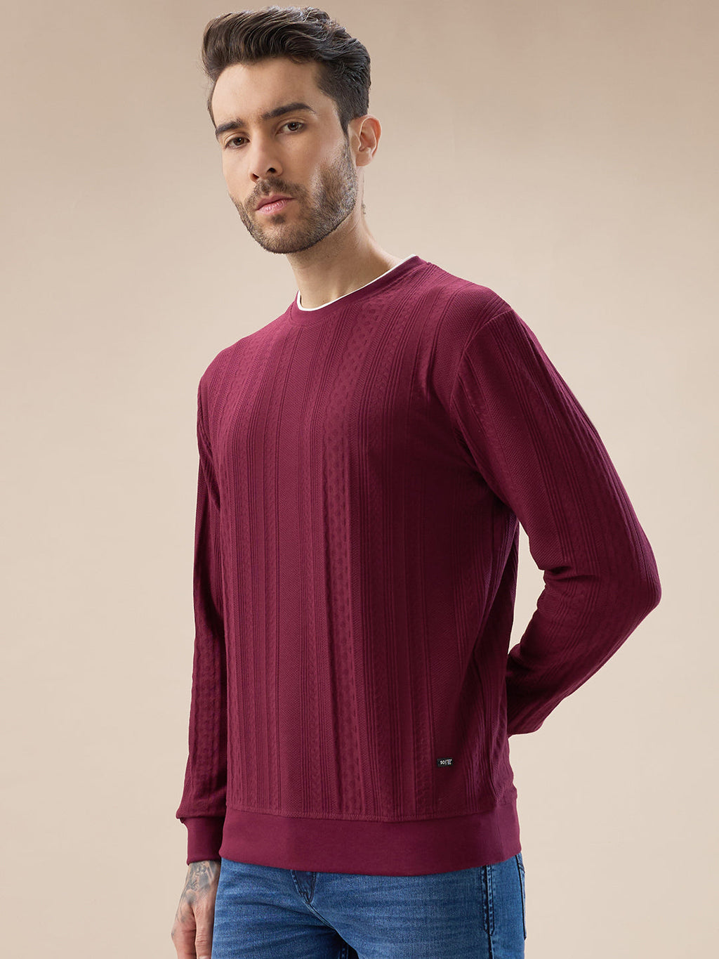 Men's Geometric Textured Round Neck Full Sleeve Regular Fit T-Shirt