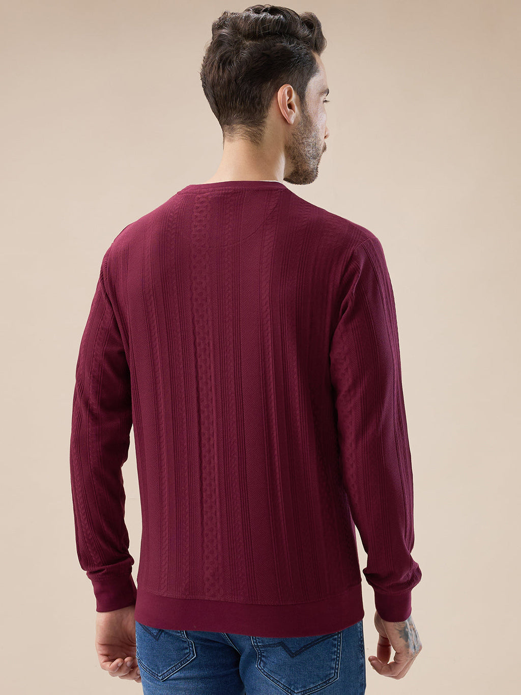 Men's Geometric Textured Round Neck Full Sleeve Regular Fit T-Shirt