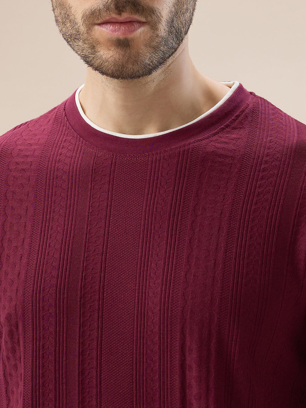 Men's Geometric Textured Round Neck Full Sleeve Regular Fit T-Shirt