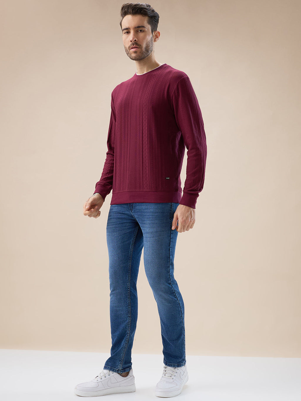 Men's Geometric Textured Round Neck Full Sleeve Regular Fit T-Shirt