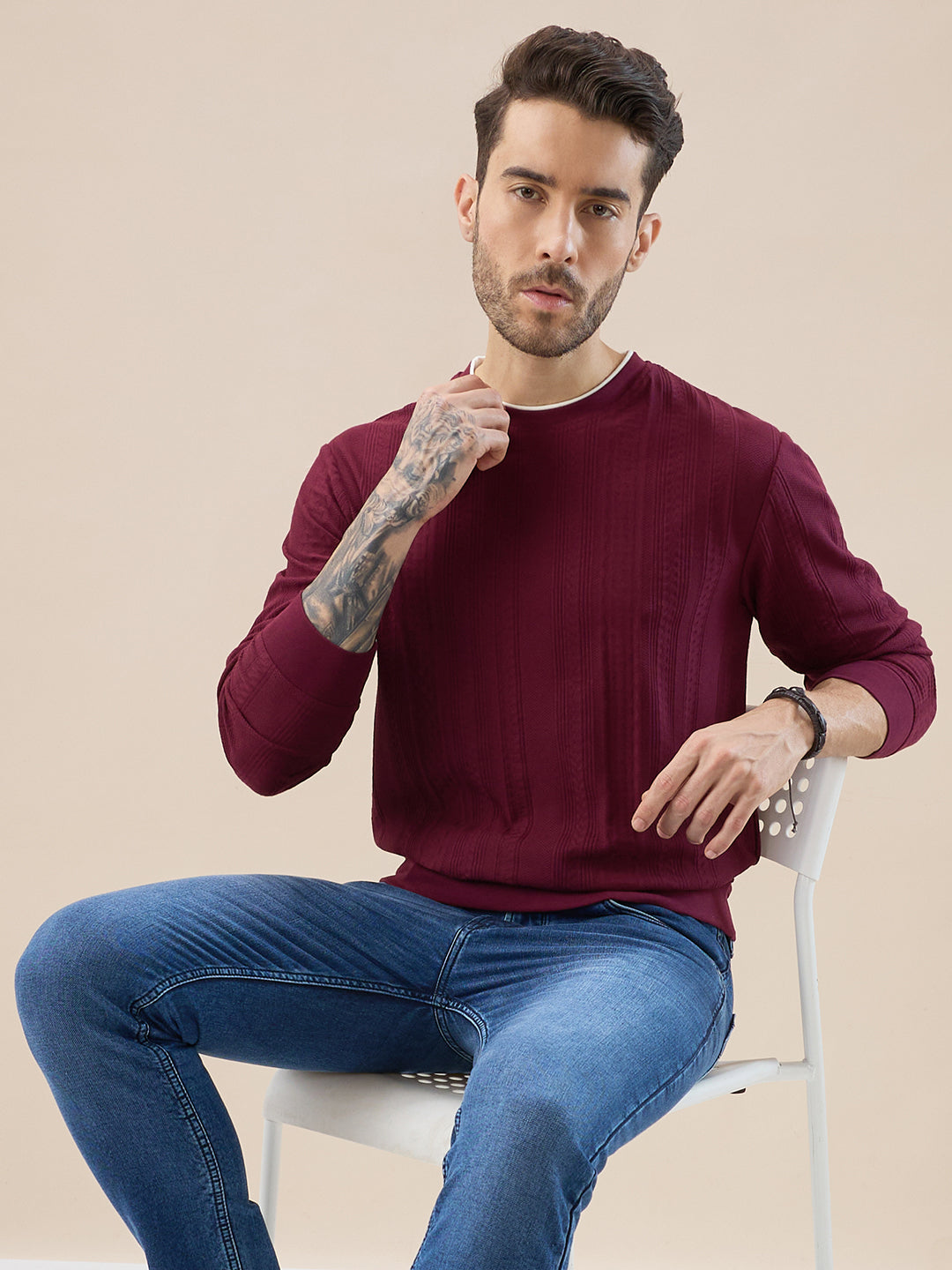 Men's Geometric Textured Round Neck Full Sleeve Regular Fit T-Shirt