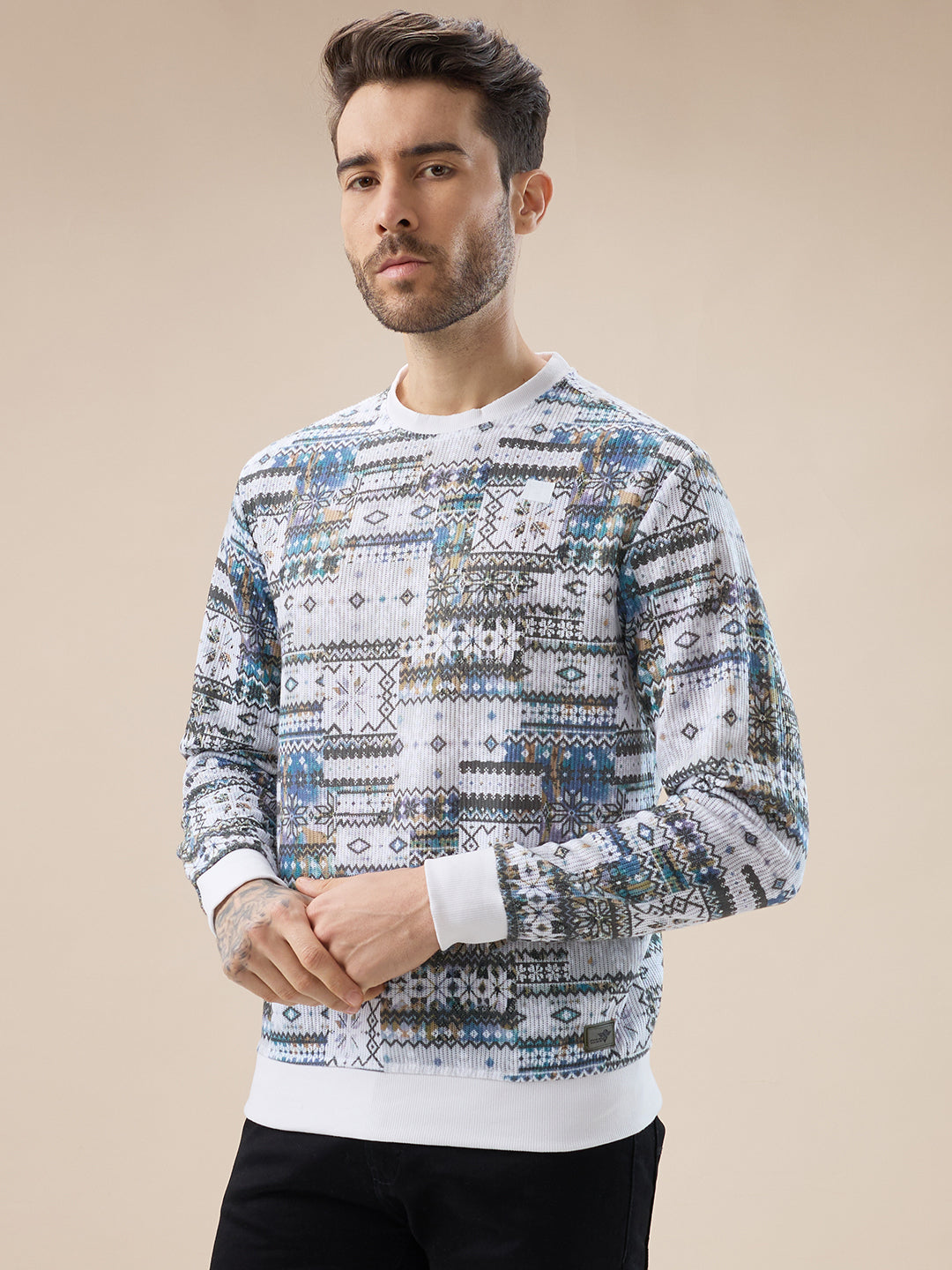 Men's Abstract Geometric Print Round Neck Full Sleeves T-Shirt Secondary image