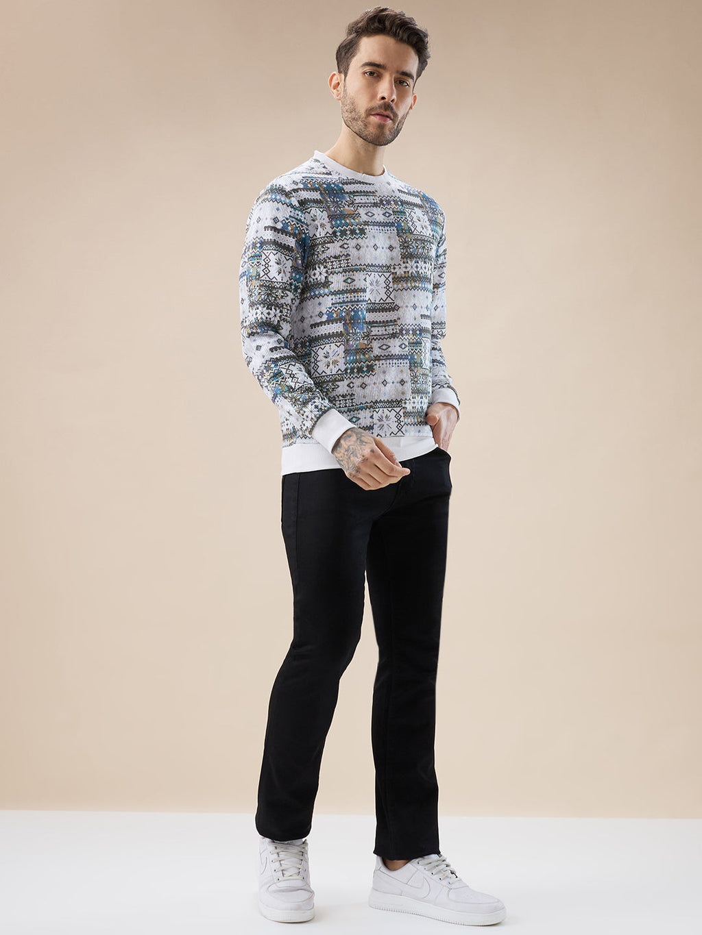 Men's Abstract Geometric Print Round Neck Full Sleeves T-Shirt