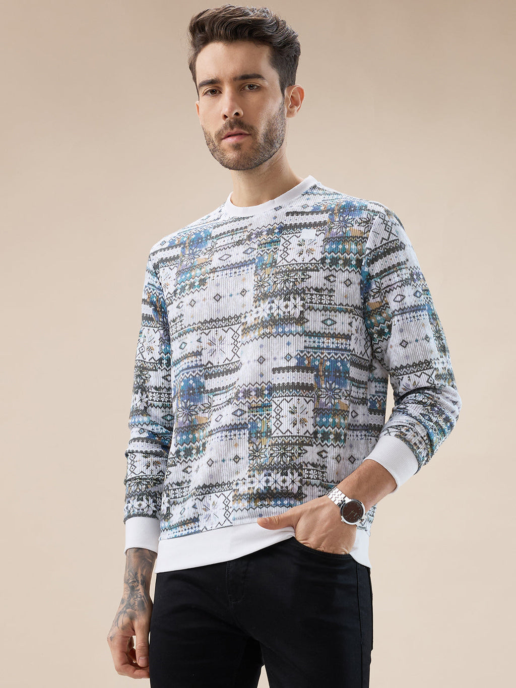 Men's Abstract Geometric Print Round Neck Full Sleeves T-Shirt