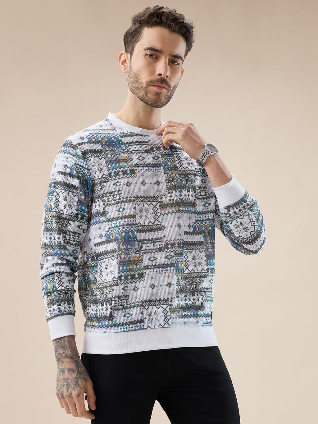 Men's Abstract Geometric Print Round Neck Full Sleeves T-Shirt