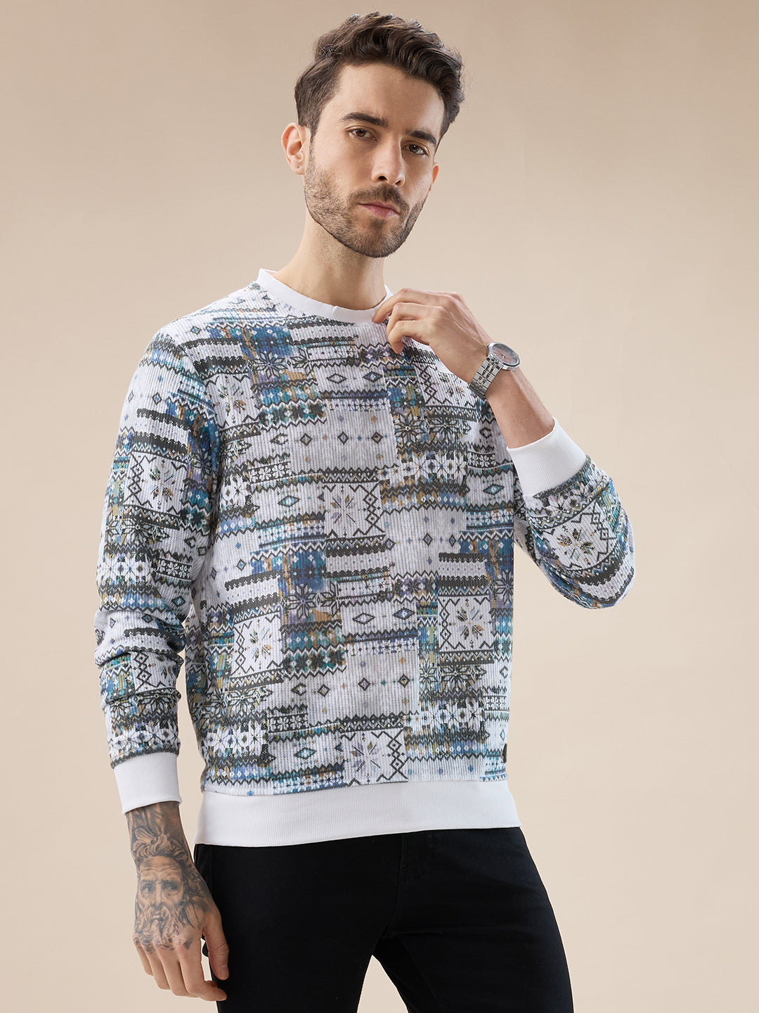 Men's Abstract Geometric Print Round Neck Full Sleeves T-Shirt