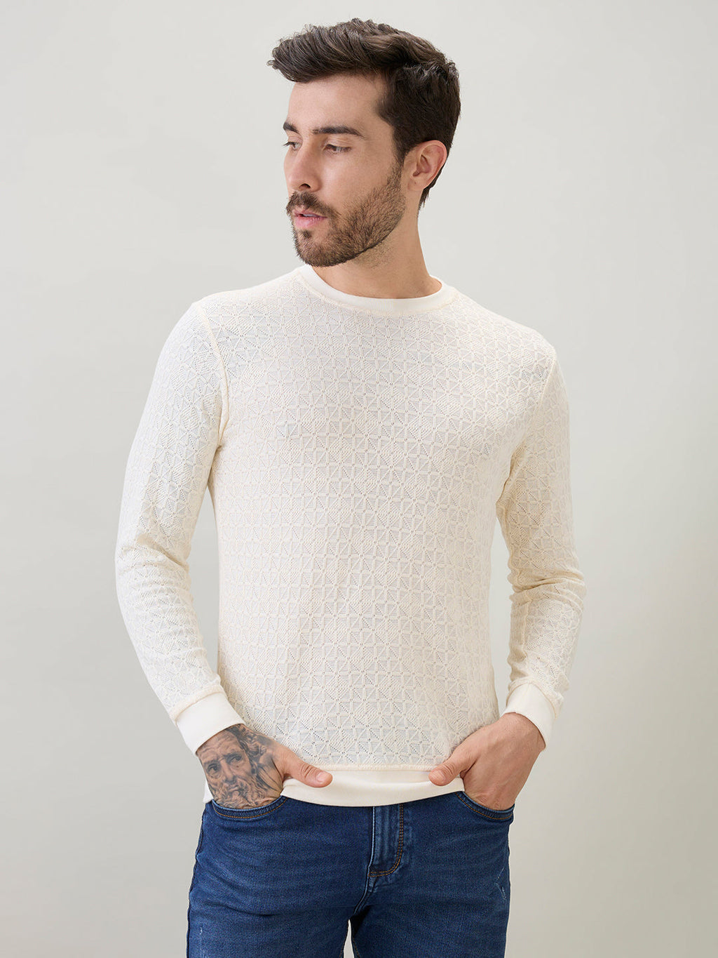 Mens Textured Round Neck Full Sleeves Regular Fit T-Shirt