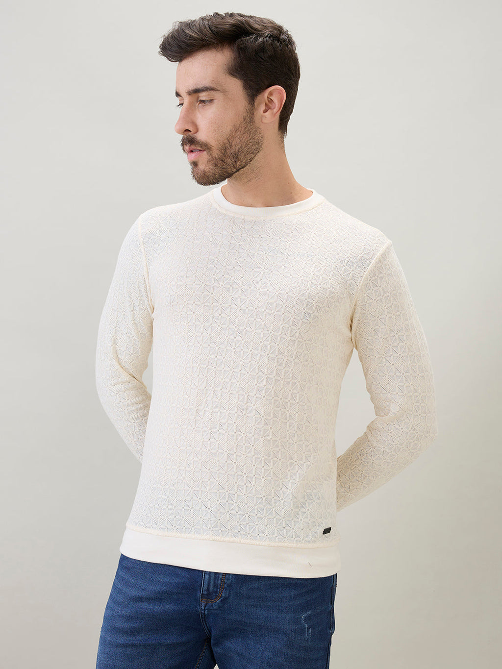 Mens Textured Round Neck Full Sleeves Regular Fit T-Shirt