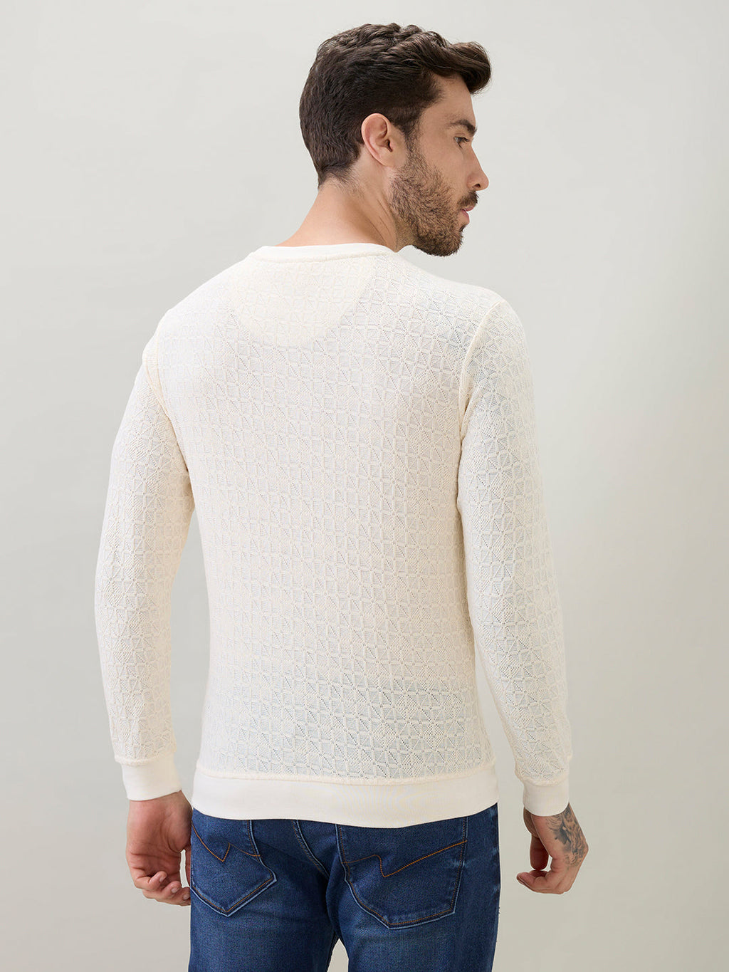 Mens Textured Round Neck Full Sleeves Regular Fit T-Shirt