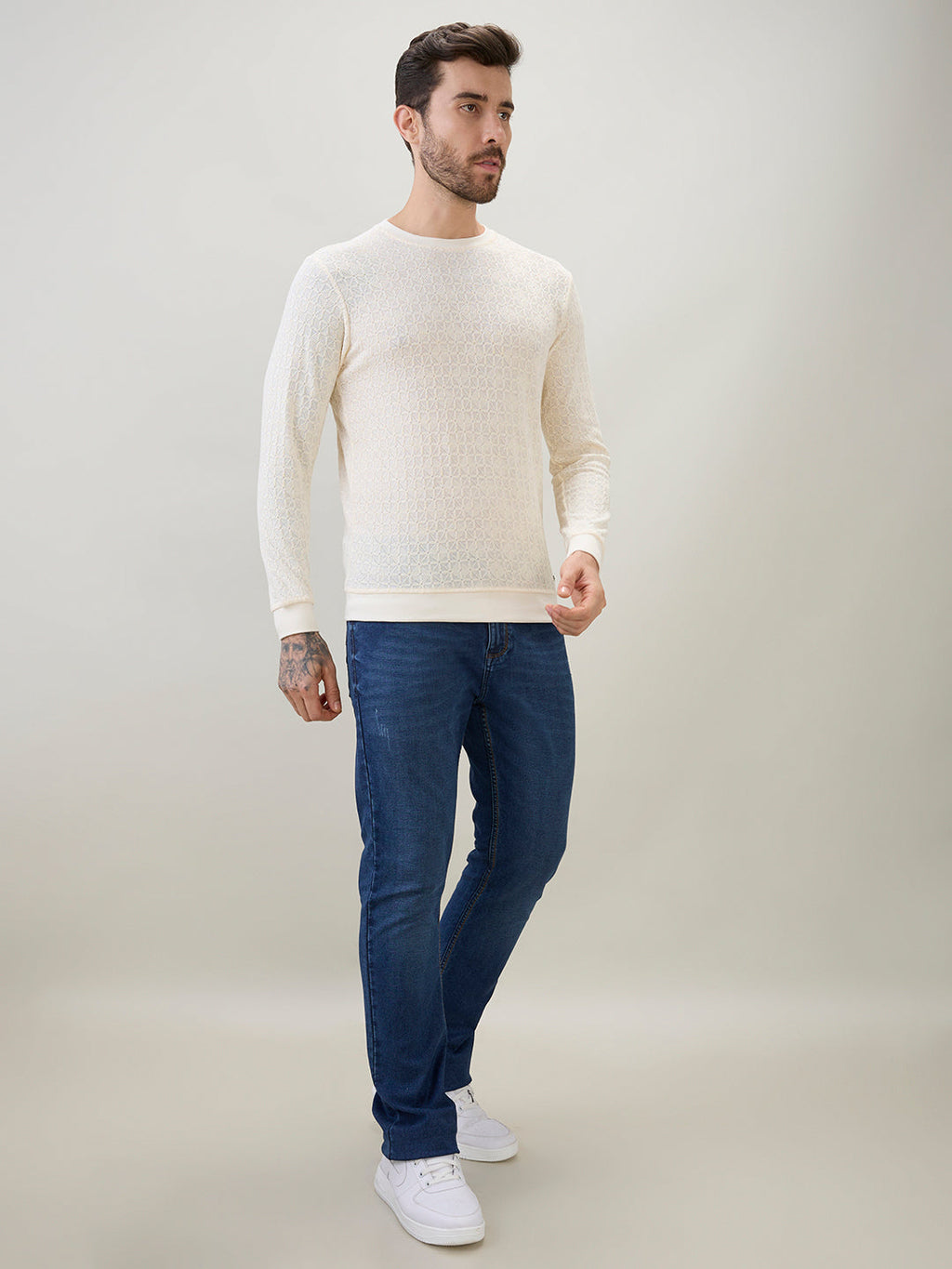 Mens Textured Round Neck Full Sleeves Regular Fit T-Shirt