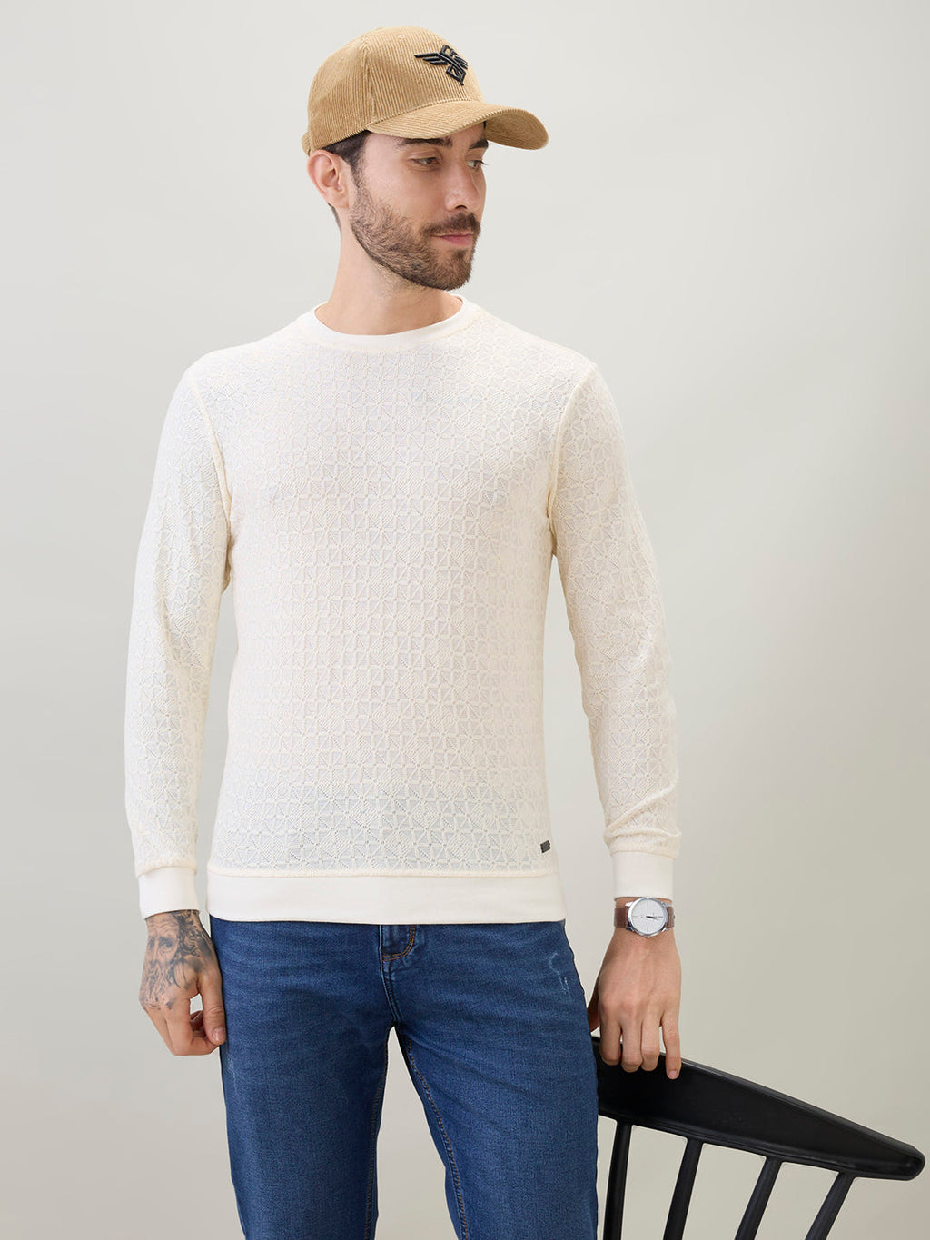 Mens Textured Round Neck Full Sleeves Regular Fit T-Shirt