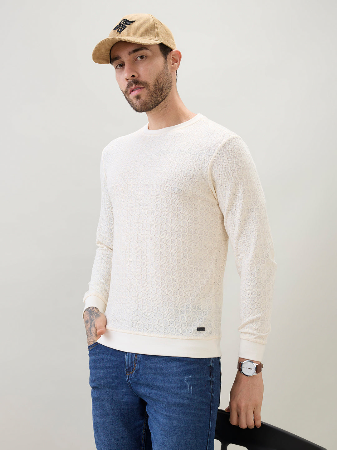 Mens Textured Round Neck Full Sleeves Regular Fit T-Shirt