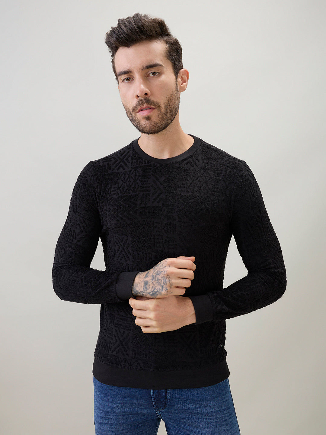 Men's Textured Full Sleeve Regular Fit Round Neck T-Shirt