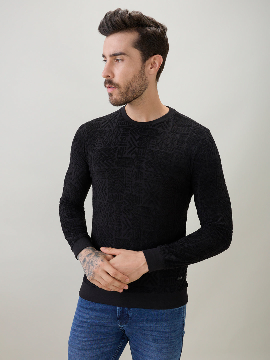 Men's Textured Full Sleeve Regular Fit Round Neck T-Shirt Secondary image